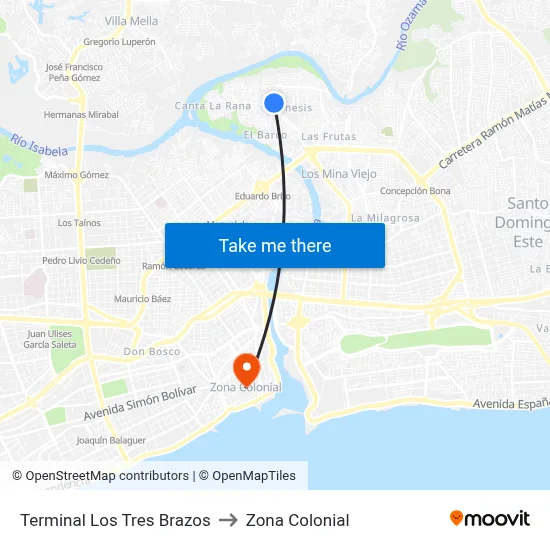 Terminal Los Tres Brazos to Zona Colonial map
