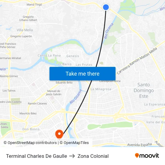 Terminal Charles De Gaulle to Zona Colonial map