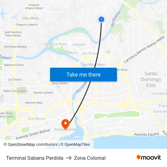 Terminal Sabana Perdida to Zona Colonial map