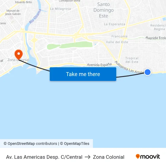 Av. Las Americas Desp. C/Central to Zona Colonial map