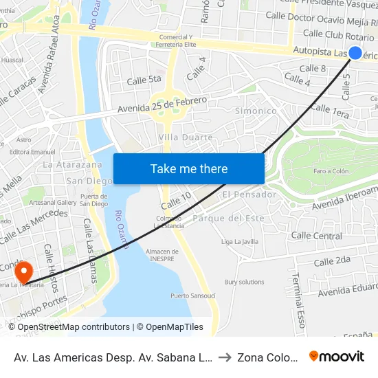 Av. Las Americas Desp. Av. Sabana Larga to Zona Colonial map