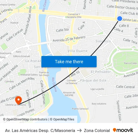 Av. Las Américas Desp. C/Masonería to Zona Colonial map