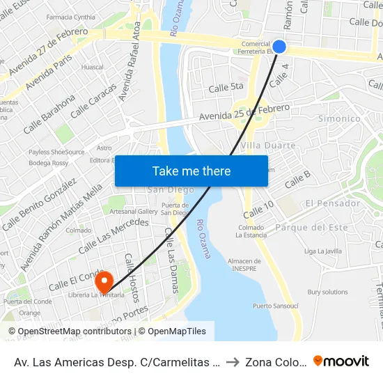 Av. Las Americas Desp. C/Carmelitas Teresas to Zona Colonial map