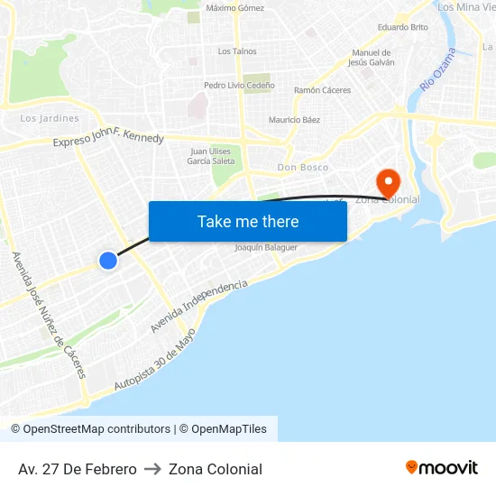 Av. 27 De Febrero to Zona Colonial map