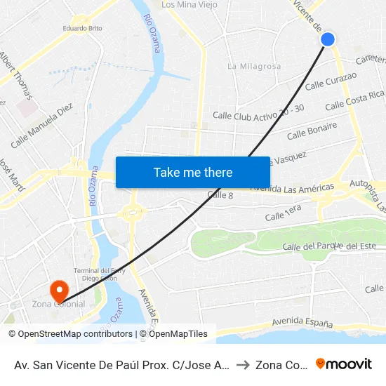 Av. San Vicente De Paúl Prox. C/Jose Antonio Jimenez to Zona Colonial map