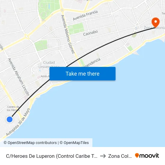 C/Heroes De Luperon (Control Caribe Tours Urbano) to Zona Colonial map