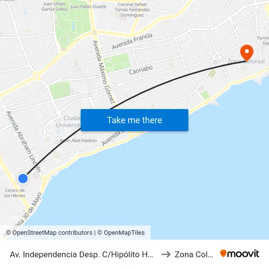 Av. Independencia Desp. C/Hipólito Herrera Billini to Zona Colonial map