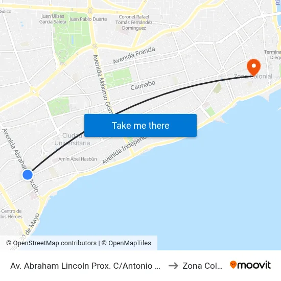 Av. Abraham Lincoln Prox. C/Antonio De La Maza to Zona Colonial map