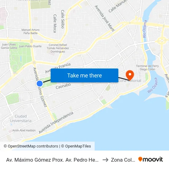 Av. Máximo Gómez Prox. Av. Pedro Henriquez Ureña to Zona Colonial map