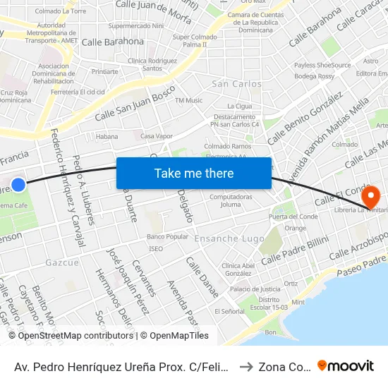 Av. Pedro Henríquez Ureña Prox. C/Felix Maria Del Monte to Zona Colonial map