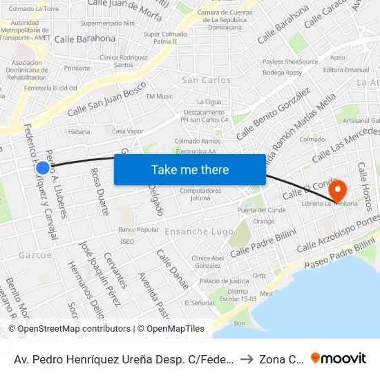 Av. Pedro Henríquez Ureña Desp. C/Federico Henriquez Y Carvajal to Zona Colonial map