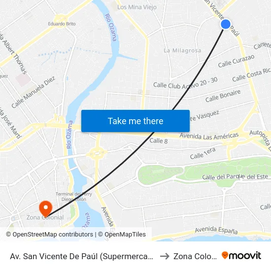 Av. San Vicente De Paúl (Supermercados Olé) to Zona Colonial map