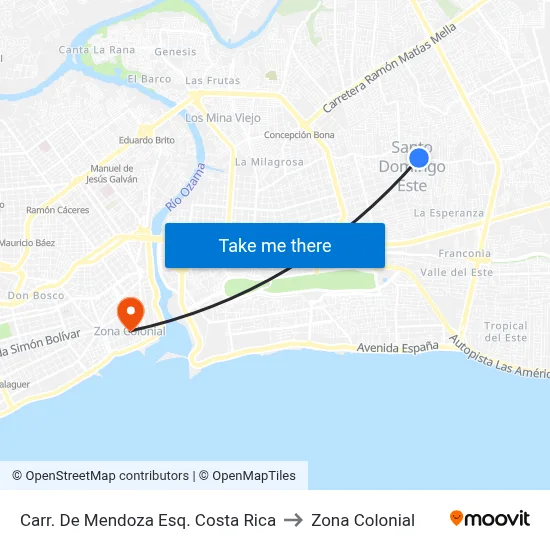 Carr. De Mendoza Esq. Costa Rica to Zona Colonial map