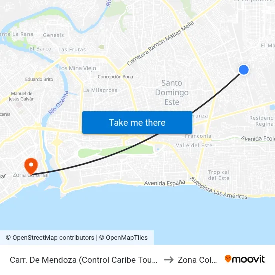 Carr. De Mendoza (Control Caribe Tours Urbano) to Zona Colonial map