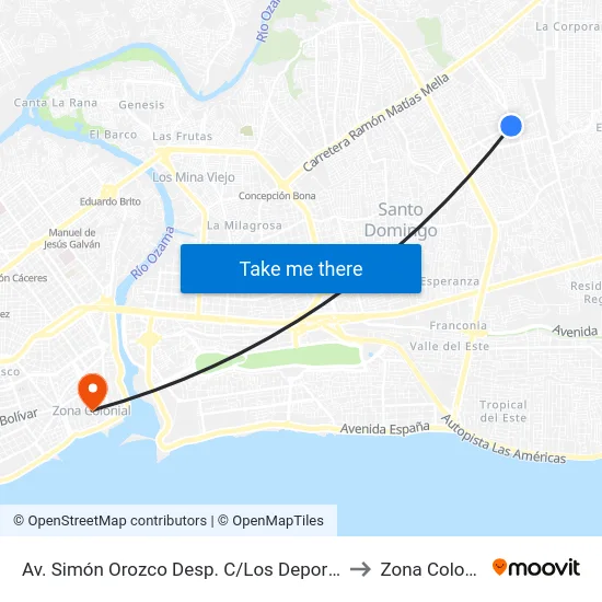 Av. Simón Orozco Desp. C/Los Deportistas to Zona Colonial map