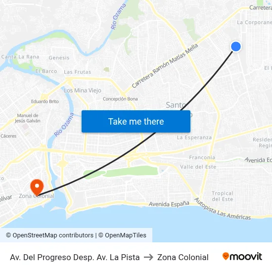 Av. Del Progreso Desp. Av. La Pista to Zona Colonial map