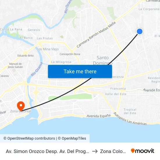 Av. Simon Orozco Desp. Av. Del Progreso to Zona Colonial map