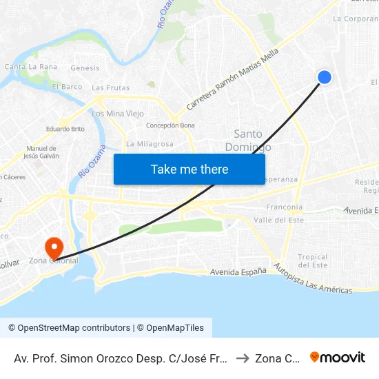 Av. Prof. Simon Orozco Desp. C/José Francisco Peña Gómez to Zona Colonial map