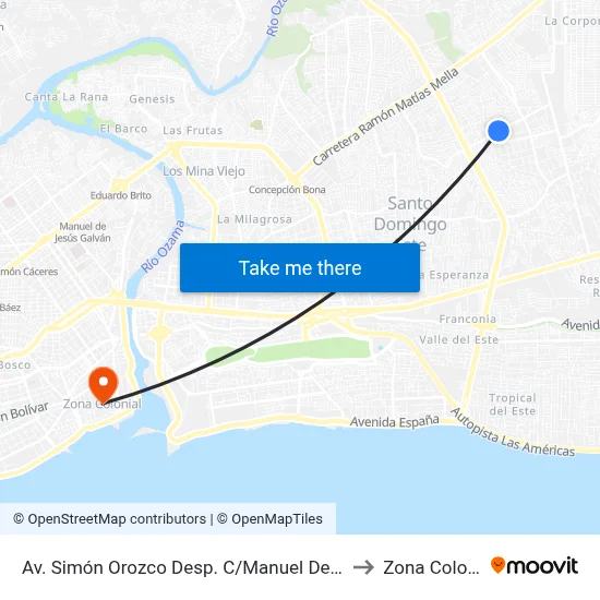 Av. Simón Orozco Desp. C/Manuel Del Cabral to Zona Colonial map