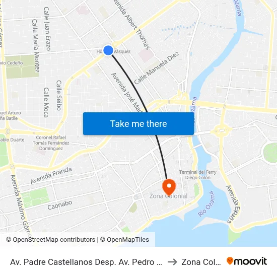 Av. Padre Castellanos Desp. Av. Pedro Livio Cedeño to Zona Colonial map