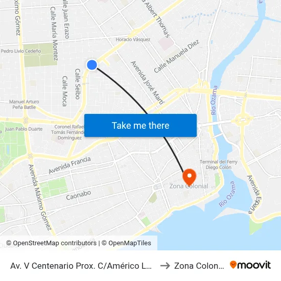 Av. V Centenario Prox. C/Américo Lugo to Zona Colonial map