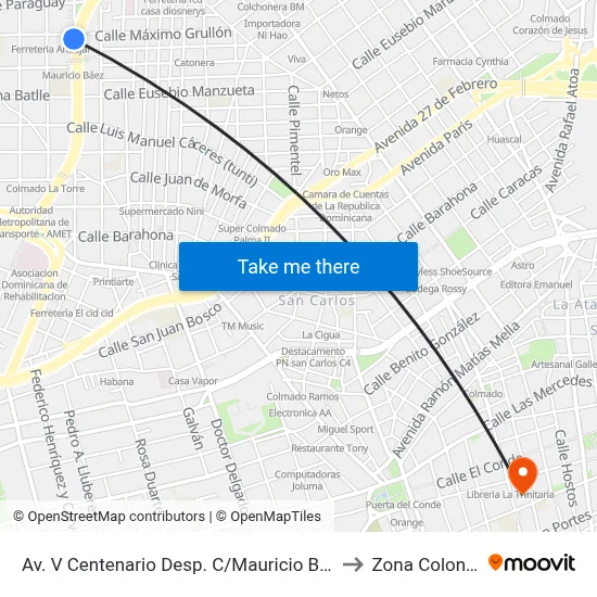 Av. V Centenario Desp. C/Mauricio Baez to Zona Colonial map