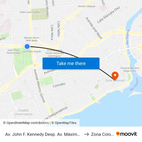 Av. John F. Kennedy Desp. Av. Máximo Gómez to Zona Colonial map