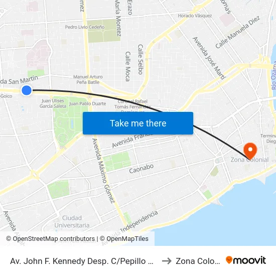 Av. John F. Kennedy Desp. C/Pepillo Salcedo to Zona Colonial map
