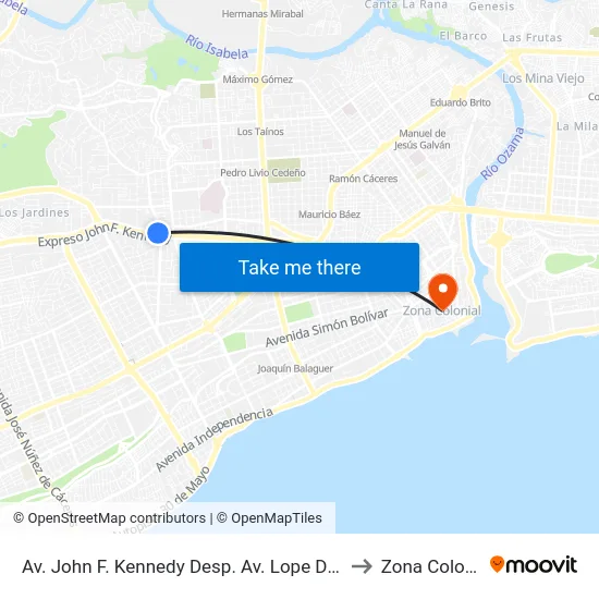 Av. John F. Kennedy Desp. Av. Lope De Vega to Zona Colonial map