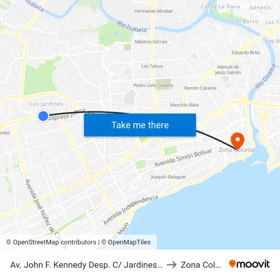 Av. John F. Kennedy Desp. C/ Jardines De Kyoto to Zona Colonial map