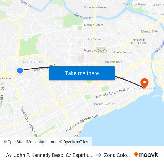 Av. John F. Kennedy Desp. C/ Espíritu Santo to Zona Colonial map