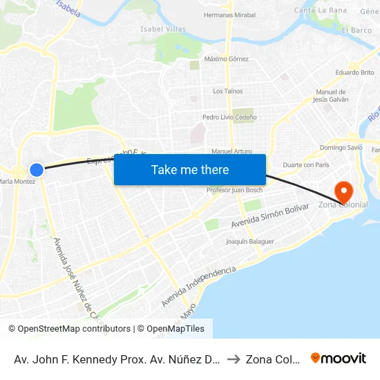 Av. John F. Kennedy Prox. Av. Núñez De Cáceres to Zona Colonial map