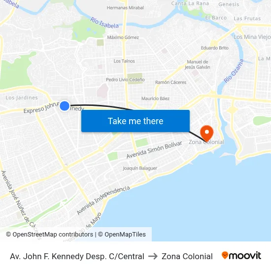 Av. John F. Kennedy Desp. C/Central to Zona Colonial map