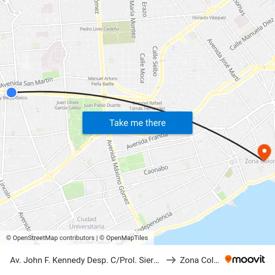Av. John F. Kennedy Desp. C/Prol. Siervas De María to Zona Colonial map