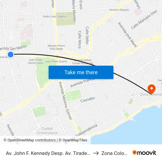 Av. John F. Kennedy Desp. Av. Tiradentes to Zona Colonial map