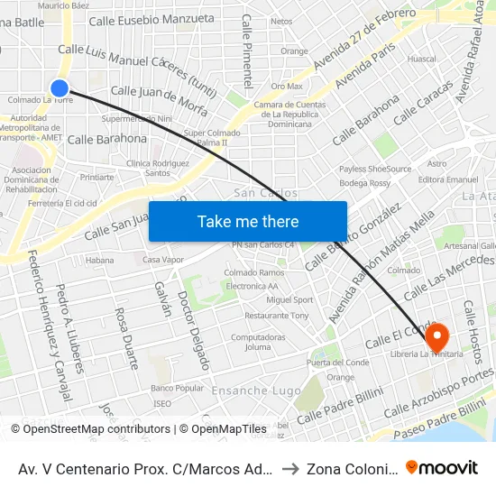 Av. V Centenario Prox. C/Marcos Adon to Zona Colonial map