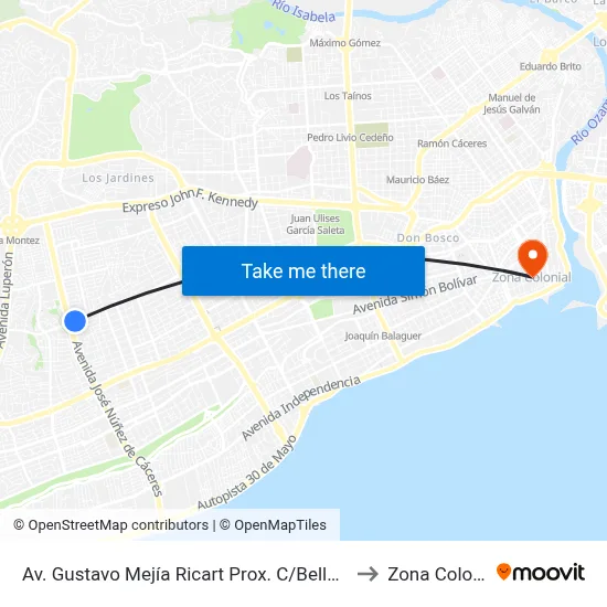 Av. Gustavo Mejía Ricart Prox. C/Bellas Artes to Zona Colonial map