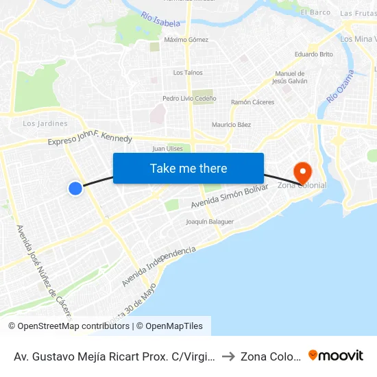 Av. Gustavo Mejía Ricart Prox. C/Virgilio Diaz to Zona Colonial map