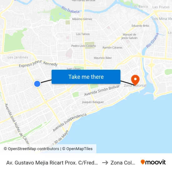 Av. Gustavo Mejia Ricart Prox. C/Freddy Presto to Zona Colonial map