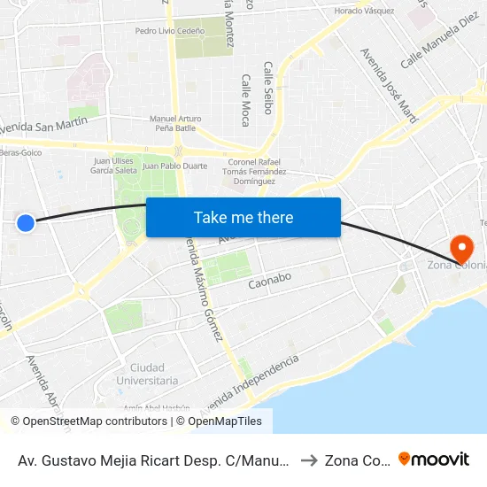 Av. Gustavo Mejia Ricart Desp. C/Manuel De Jesús Goico to Zona Colonial map