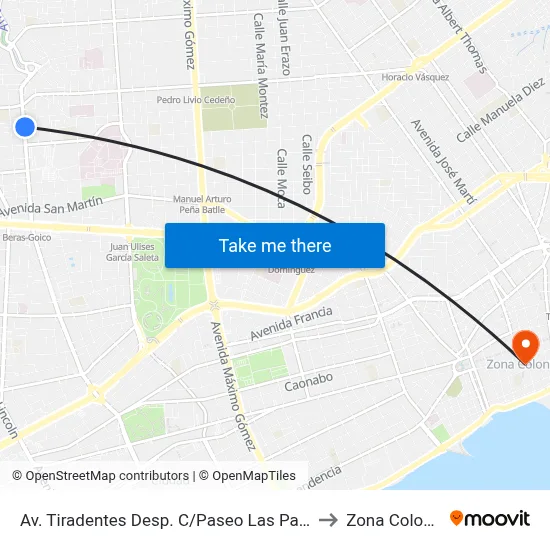 Av. Tiradentes Desp. C/Paseo Las Palmas to Zona Colonial map