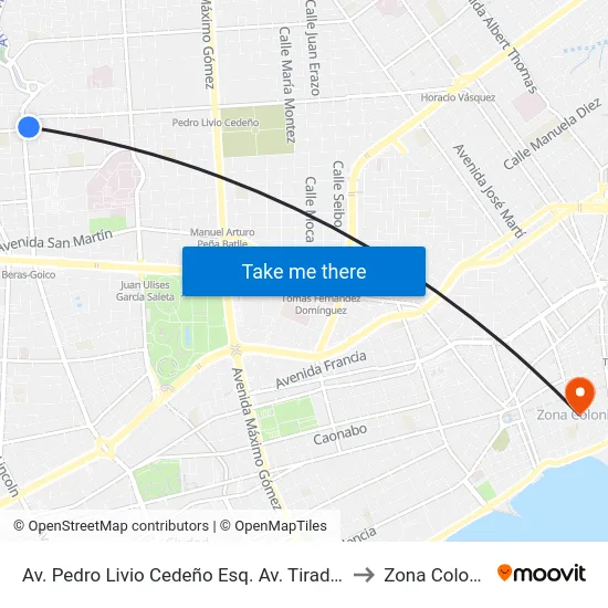 Av. Pedro Livio Cedeño Esq. Av. Tiradentes to Zona Colonial map