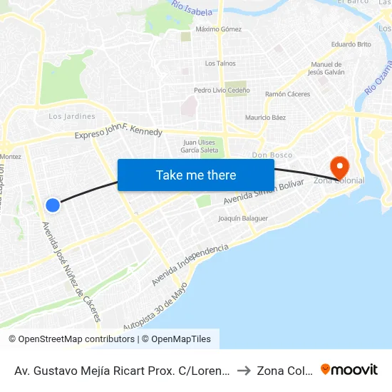 Av. Gustavo Mejía Ricart Prox. C/Lorenzo Despradel to Zona Colonial map