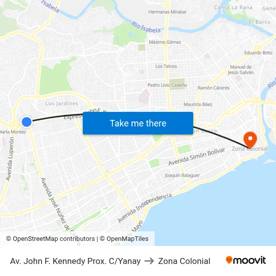 Av. John F. Kennedy Prox. C/Yanay to Zona Colonial map