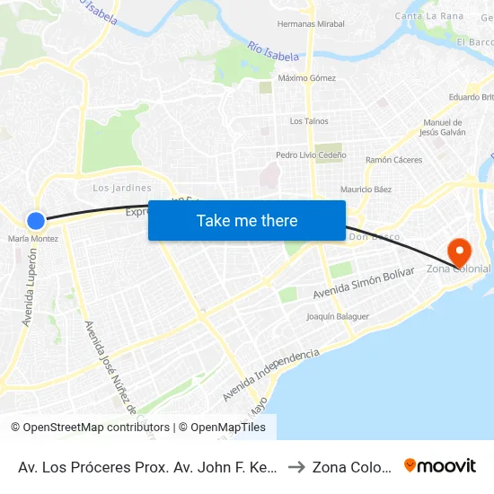 Av. Los Próceres Prox. Av. John F. Kennedy to Zona Colonial map