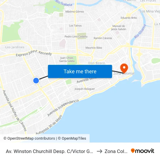 Av. Winston Churchill Desp. C/Victor Garrido Puello to Zona Colonial map