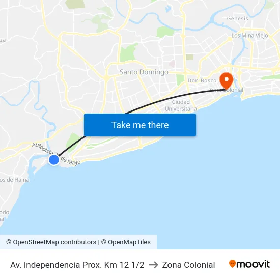 Av. Independencia Prox. Km 12 1/2 to Zona Colonial map