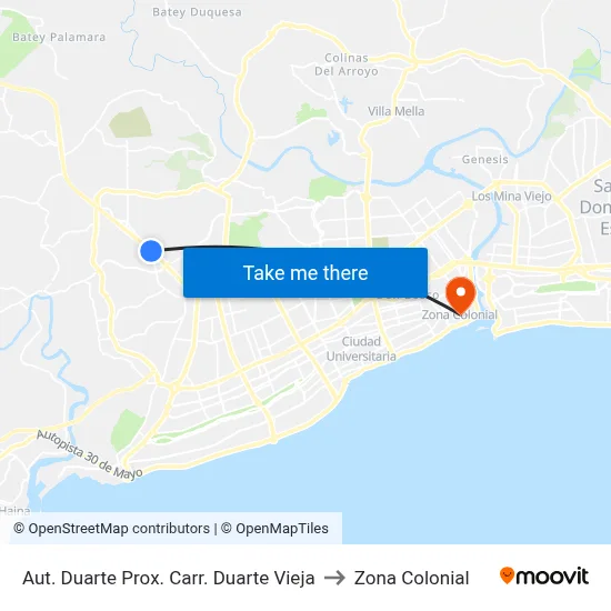 Aut. Duarte Prox. Carr. Duarte Vieja to Zona Colonial map