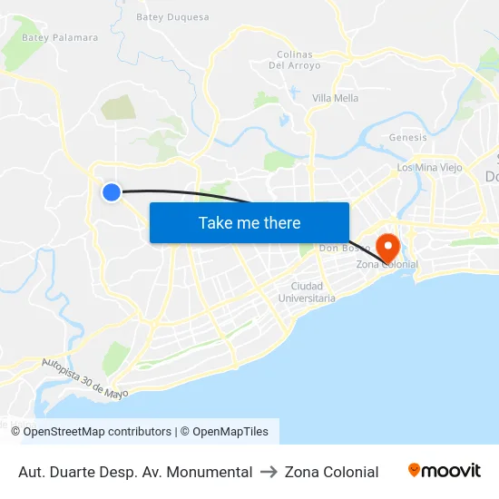 Aut. Duarte Desp. Av. Monumental to Zona Colonial map