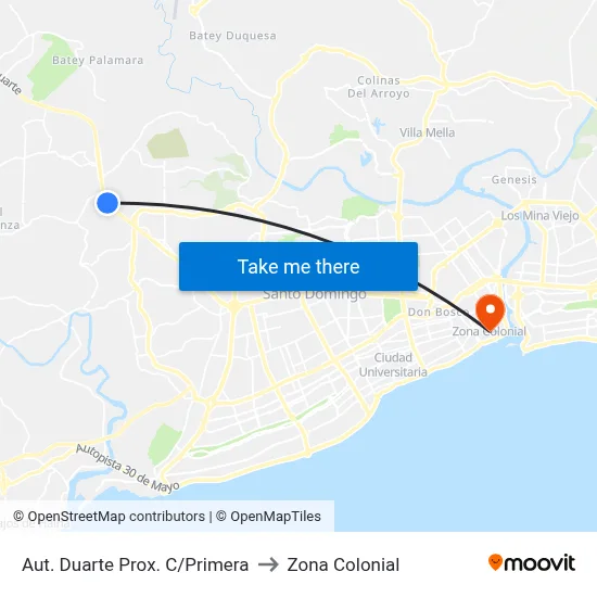 Aut. Duarte Prox. C/Primera to Zona Colonial map